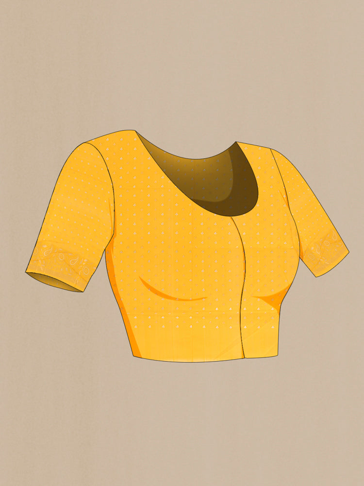 Close up image of the blouse of Pure Silk Pure Zari Yellow Banarasi Georgette Saree with Zari Butta on the body and Silk Border. 