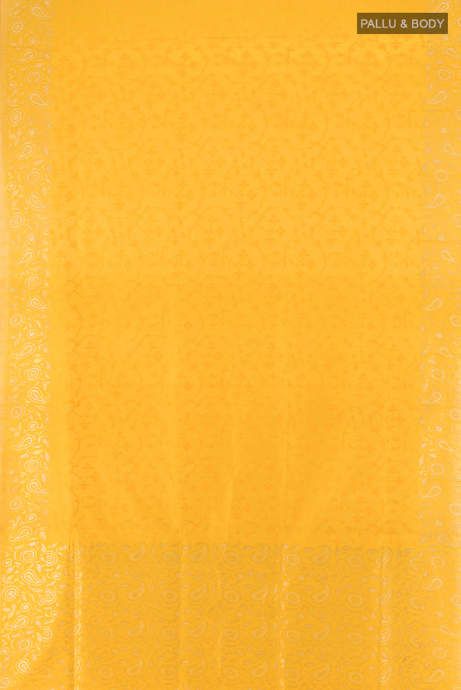 Flat view of Pure Silk Pure Zari Yellow Banarasi Georgette Saree with Zari Butta on the body and Silk Border. 