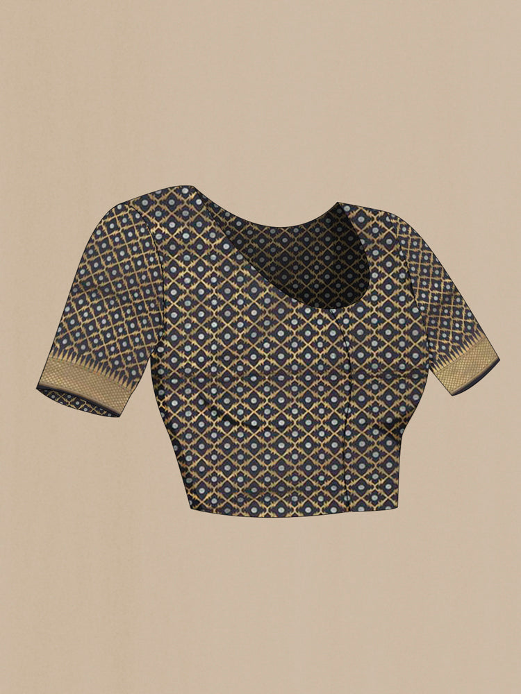 Close up image of the blouse of Black Banarasi Silk Saree with Zari Butta on the body and Silk Border. 