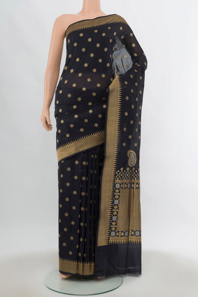 Black Banarasi Silk Saree with Zari Butta on the body and Silk Border.  displayed on a mannequin