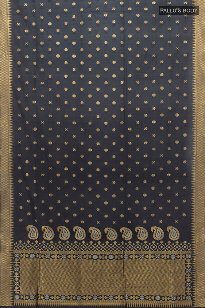 Flat view of Black Banarasi Silk Saree with Zari Butta on the body and Silk Border. 