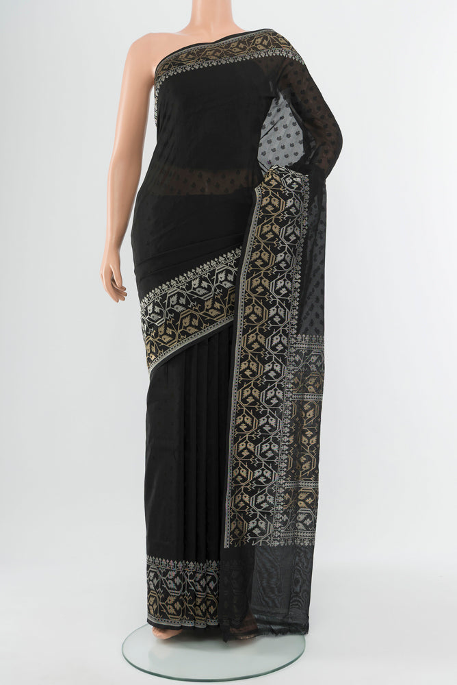 Black Banarasi Georgette Saree with Zari Butta on the body and Silk Border.  displayed on a mannequin