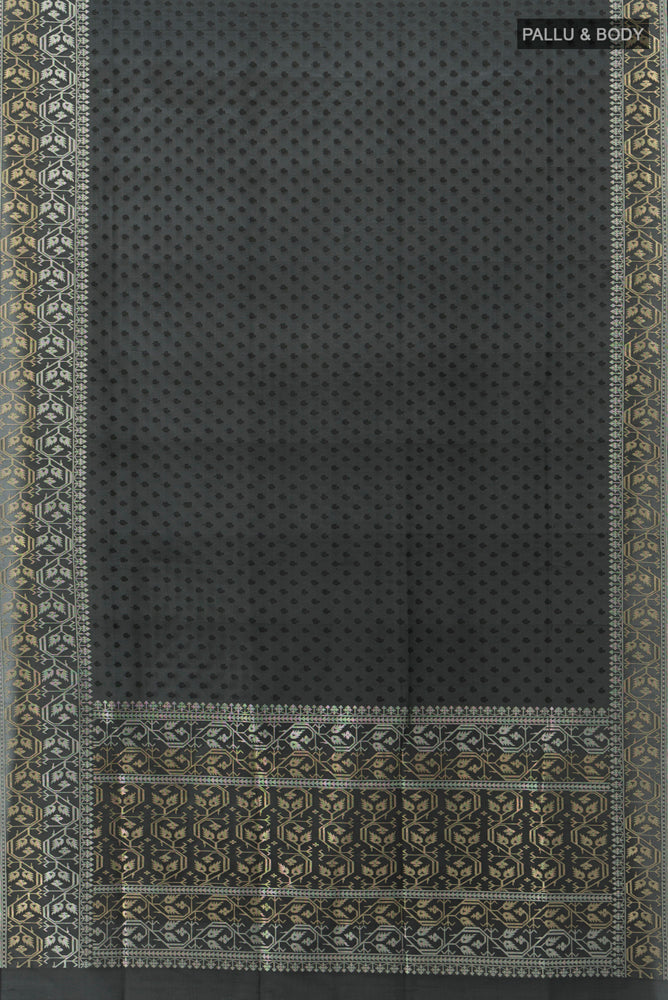 Flat view of Black Banarasi Georgette Saree with Zari Butta on the body and Silk Border. 
