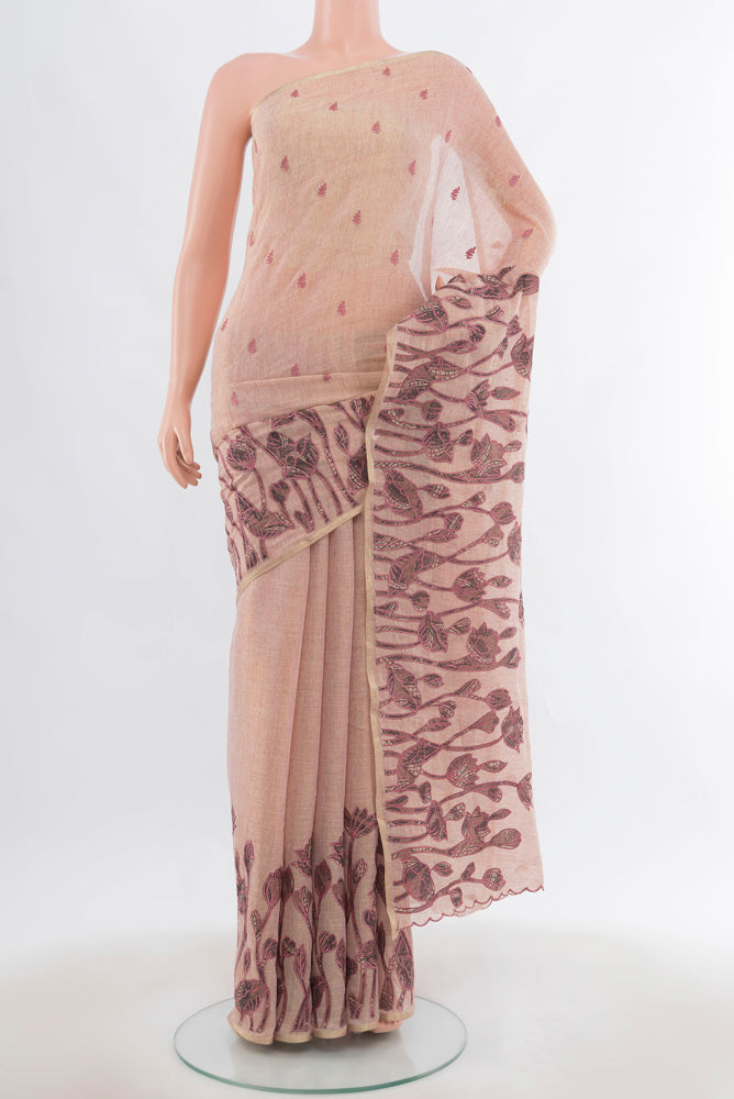 Dark Beige Art Silk Saree with Floral Print on the body and Silk Border.  displayed on a mannequin