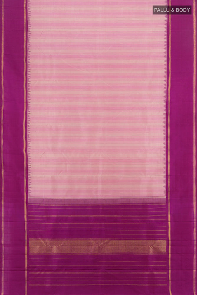 Flat view of Pure Silk Pure Zari Rose pink Kanjivaram Saree with Zari Butta on the body and Silk Border. 