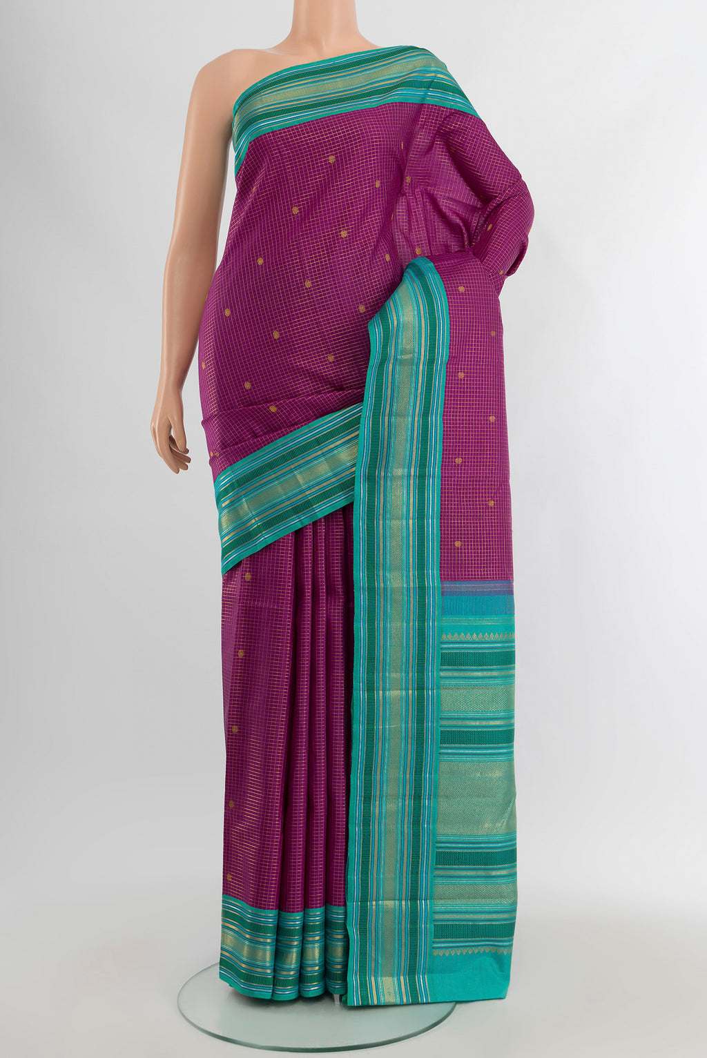 Purple Kanchipuram Silk Saree with Checked design on the body and Zari Border.  displayed on a mannequin
