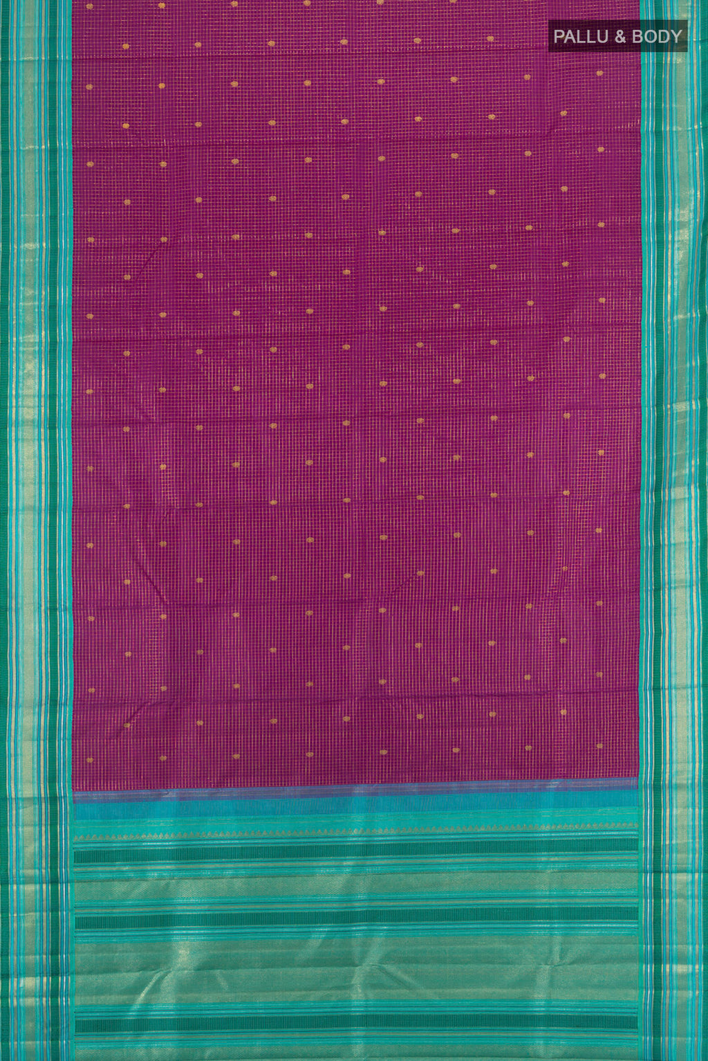 Flat view of Purple Kanchipuram Silk Saree with Checked design on the body and Zari Border. 
