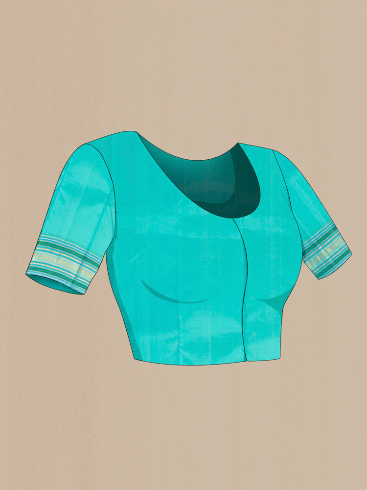 Close up image of the blouse of Pure Silk Pure Zari Navy Blue Kanchipuram Saree with Zari Butta on the body and Silk Border. 