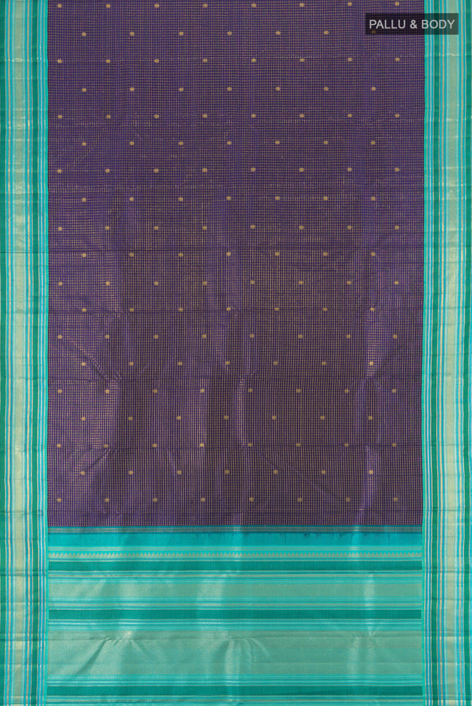 Flat view of Pure Silk Pure Zari Navy Blue Kanchipuram Saree with Zari Butta on the body and Silk Border. 