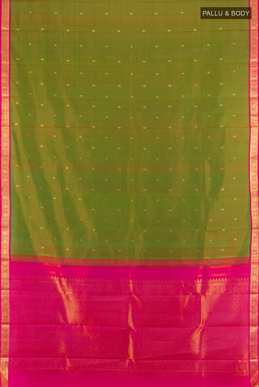 Flat view of Pure Silk Green Kanchipuram Saree with Zari Butta on the body and Zari Border. 