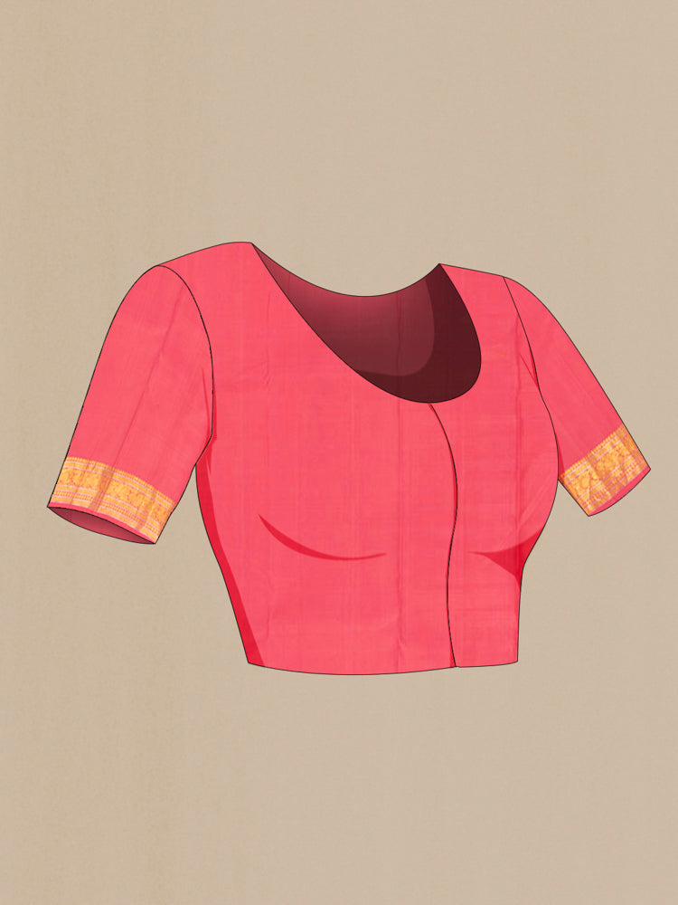 Close up image of the blouse of Rose pink Kanchipuram Silk Saree with Zari Butta on the body and Silk Border. 
