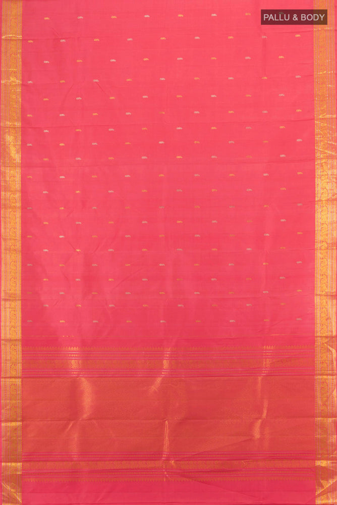 Flat view of Rose pink Kanchipuram Silk Saree with Zari Butta on the body and Silk Border. 