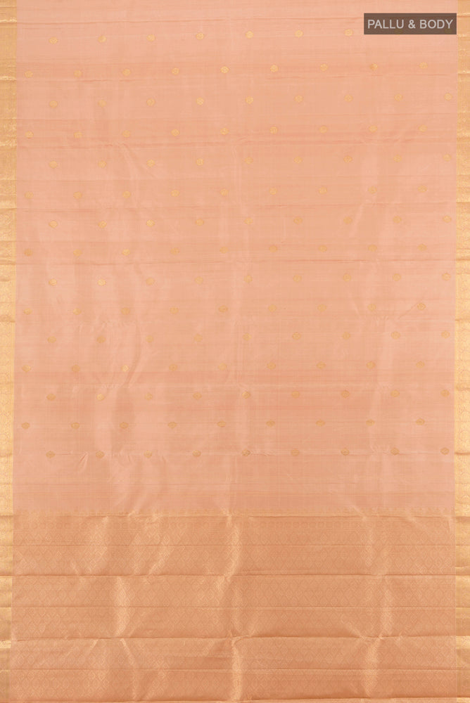 Flat view of Pure Silk Pure Zari Dark Beige Kanchipuram Saree with Zari Butta on the body and Silk Border. 