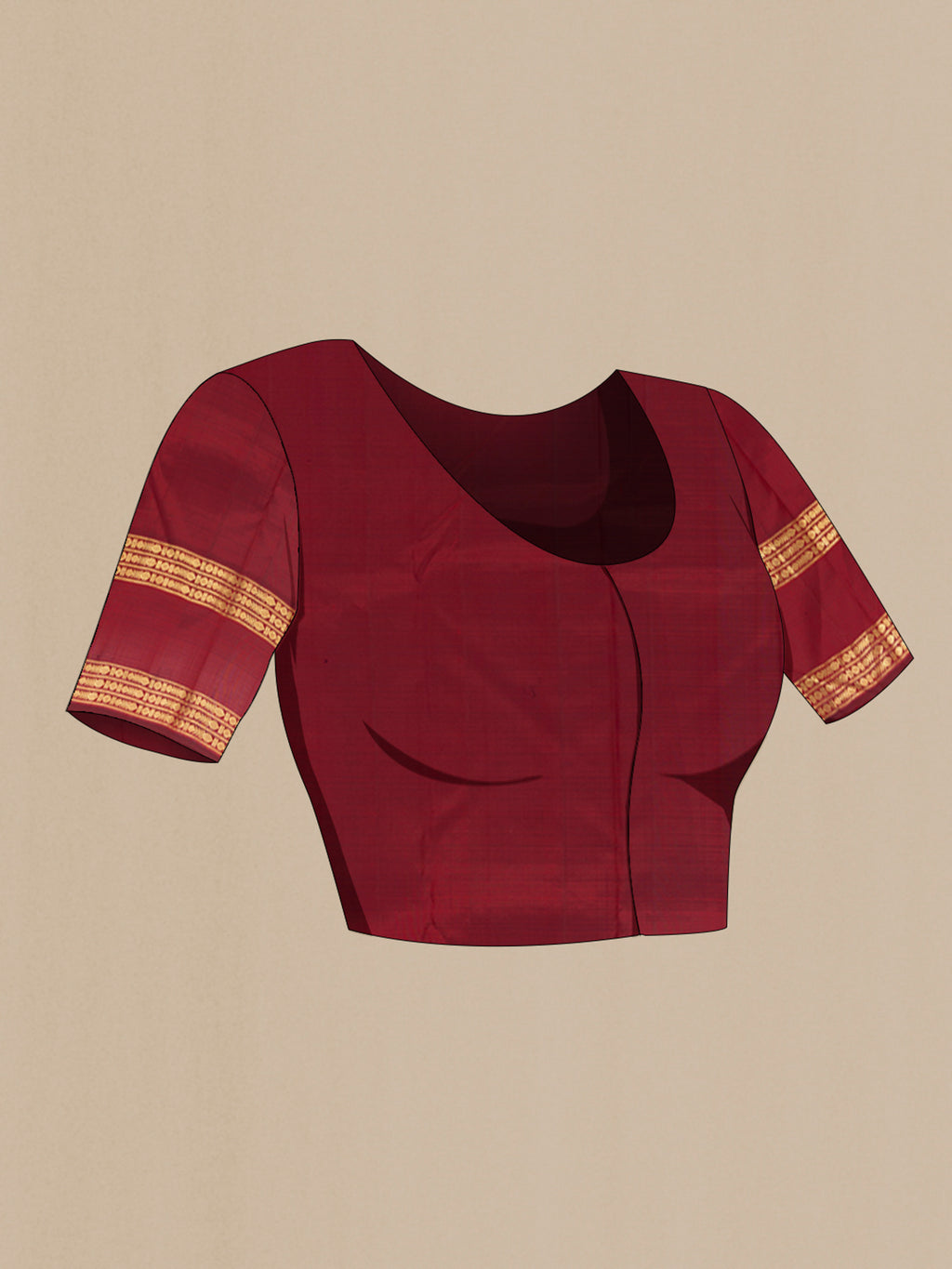 Close up image of the blouse of Maroon Kanjivaram Silk Saree with Zari Butta on the body and Zari Border. 