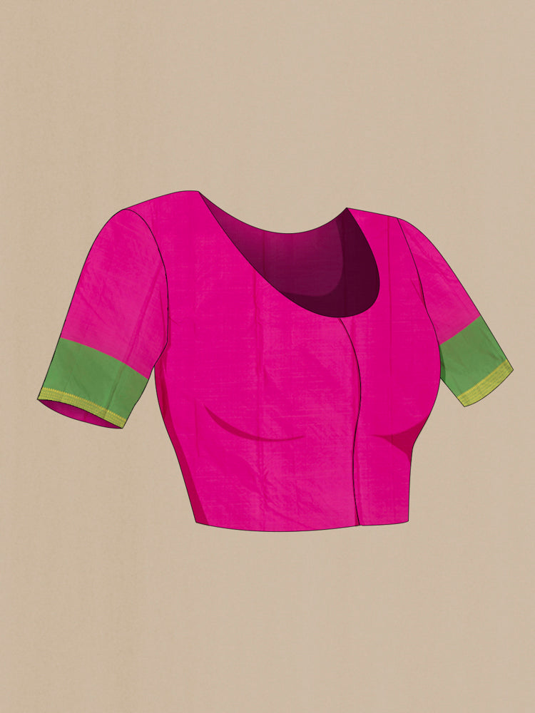 Close up image of the blouse of Purple Bangalore Silk Saree with Zari Butta on the body and Silk Border. 