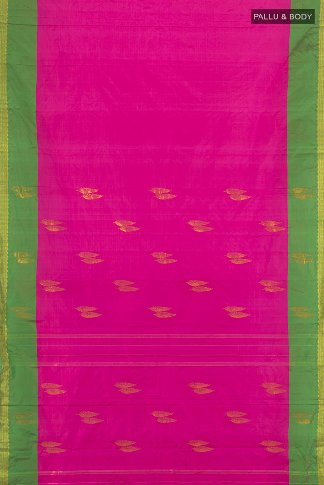 Flat view of Purple Bangalore Silk Saree with Zari Butta on the body and Silk Border. 