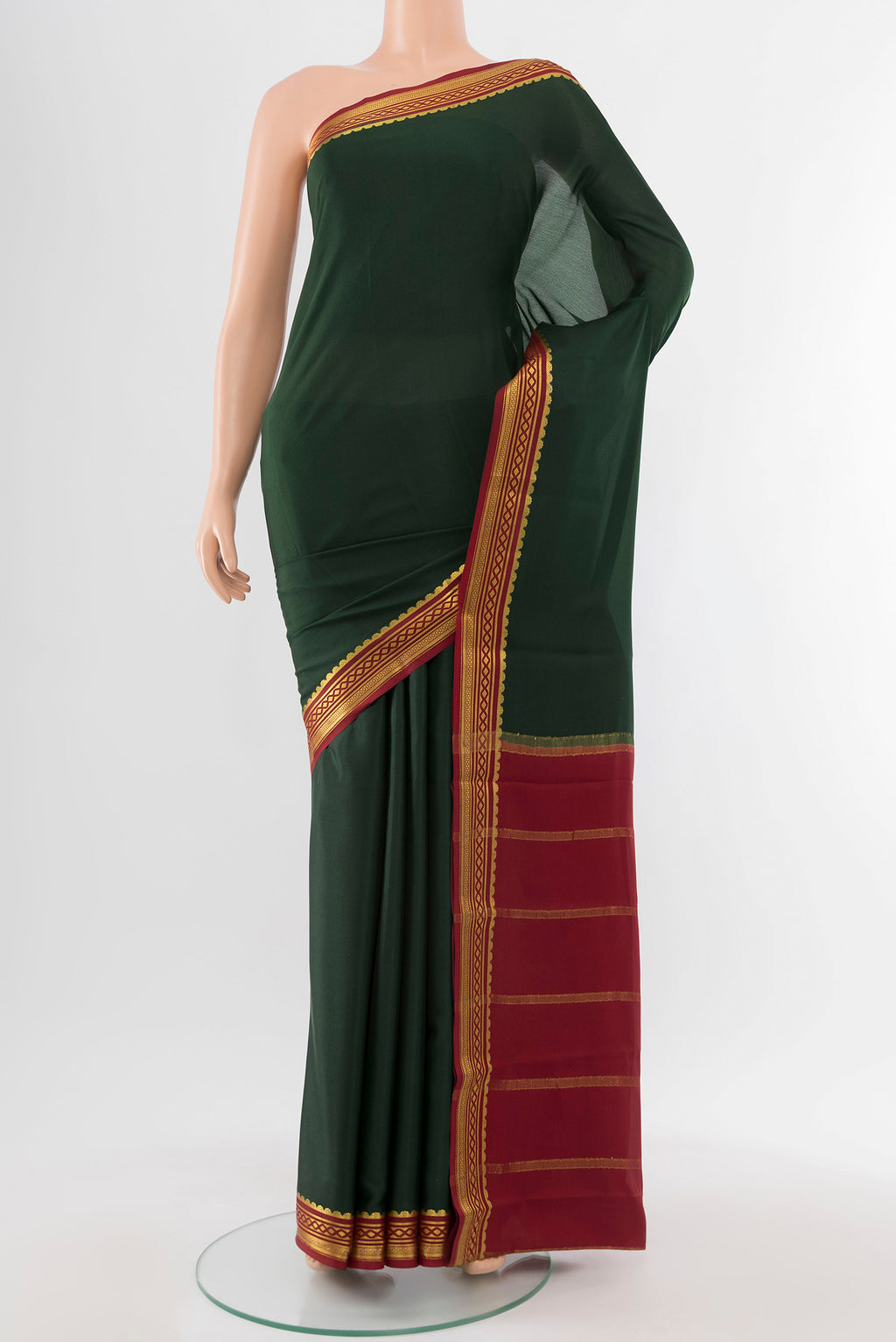 Mint Green Mysore Crepe Saree with Plain Body and Silk Border.  displayed on a mannequin
