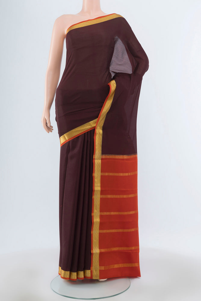 Coffee Brown Mysore Crepe Saree with Plain Body and Silk Border.  displayed on a mannequin