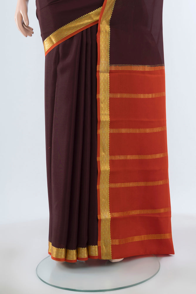 Pleats and pallu of Coffee Brown Mysore Crepe Saree with Plain Body and Silk Border. 