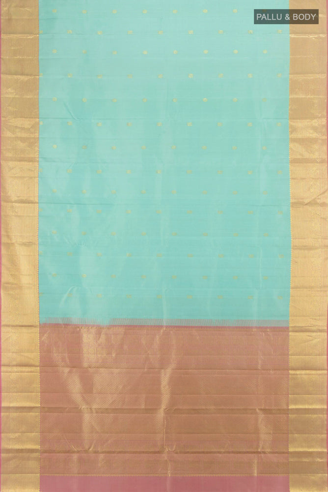 Flat view of Sky Blue Kanchipuram Silk Saree with Zari Butta on the body and Silk Border. 