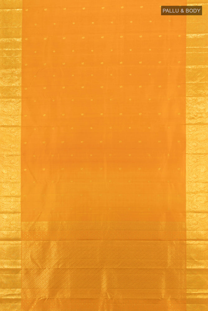Flat view of Pure Silk Pure Zari Mustard Kanchipuram Saree with Zari Butta on the body and Silk Border. 