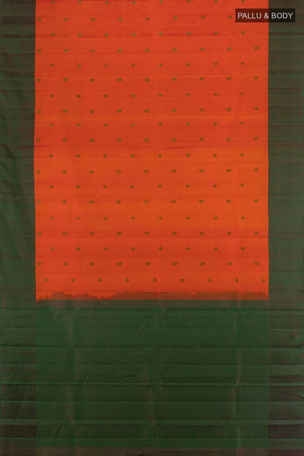 Flat view of Brick Orange Kanchipuram Silk Saree with Thread Butta on the body and Thread Border. 