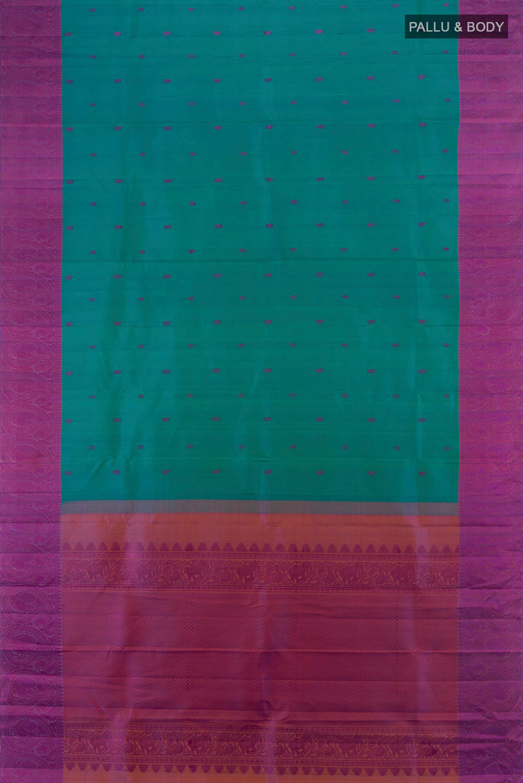 Flat view of Peacock Blue Kanchipuram Silk Saree with Thread Butta on the body and Thread Border. 