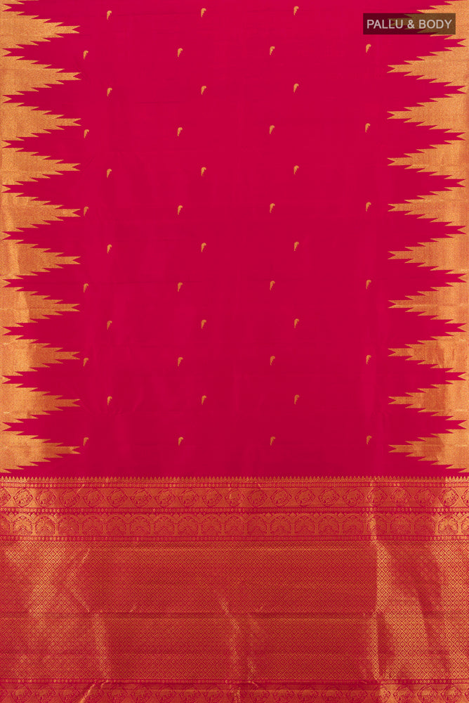 Flat view of Maroon Kanjivaram Silk Saree with Zari Butta on the body and Silk Border. 