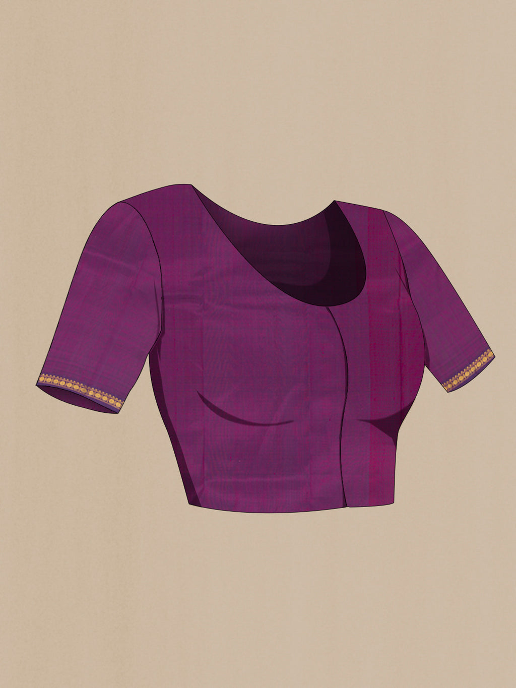 Close up image of the blouse of Purple Kanchipuram Silk Saree with Zari Butta on the body and Zari Border. 