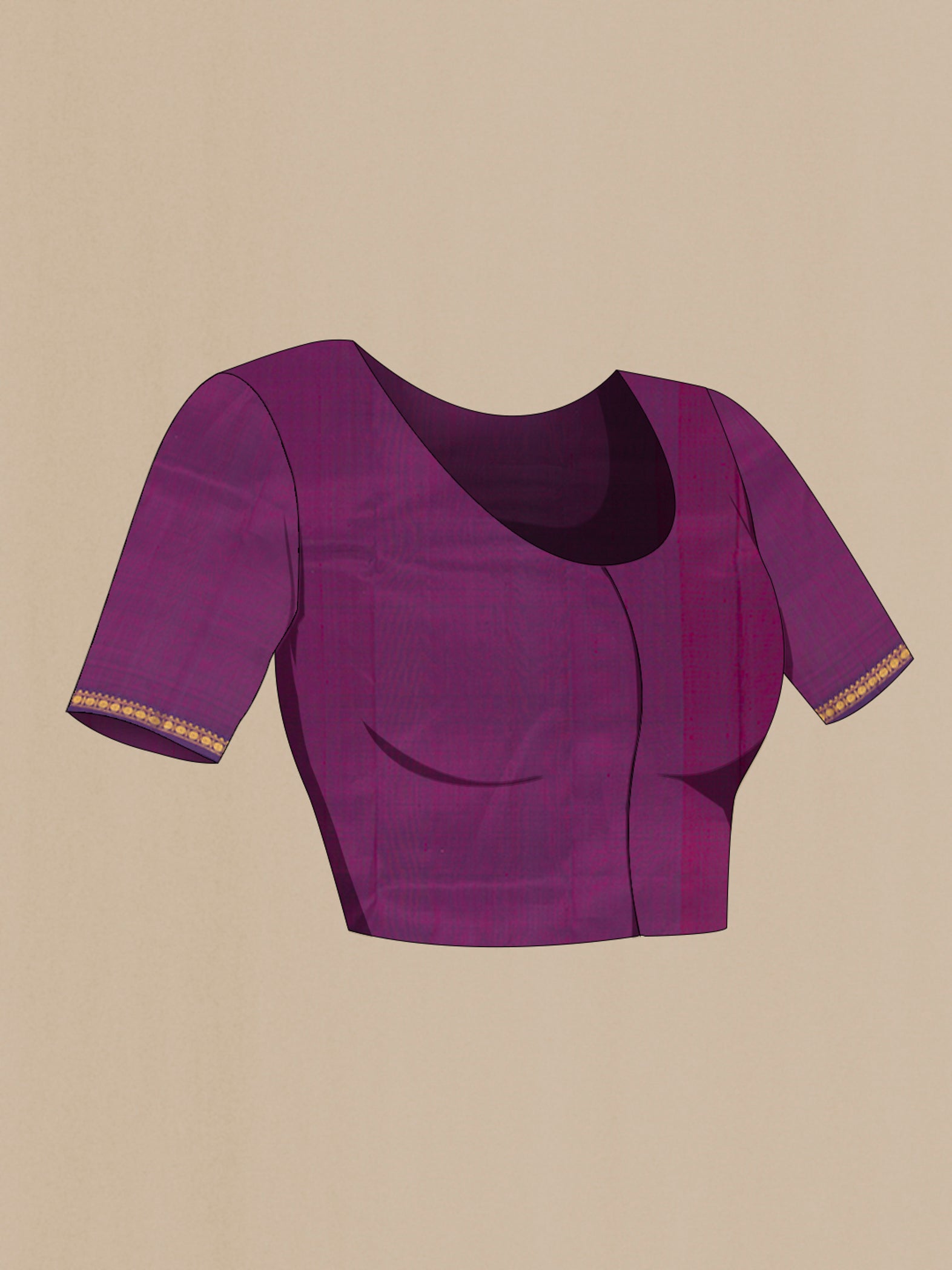 Close up image of the blouse of Purple Kanchipuram Silk Saree with Zari Butta on the body and Zari Border. 