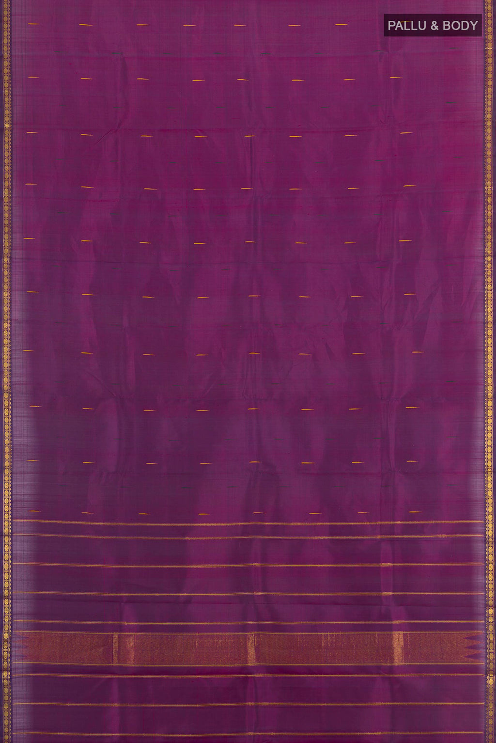 Flat view of Purple Kanchipuram Silk Saree with Zari Butta on the body and Zari Border. 