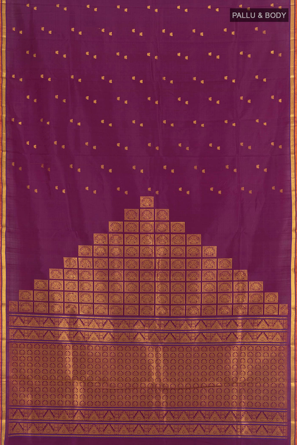 Flat view of Purple Kanjivaram Silk Saree with Zari Butta on the body and Zari Border. 