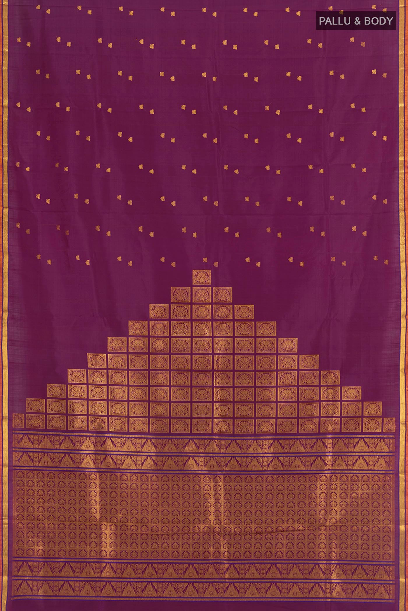 Flat view of Purple Kanjivaram Silk Saree with Zari Butta on the body and Zari Border. 