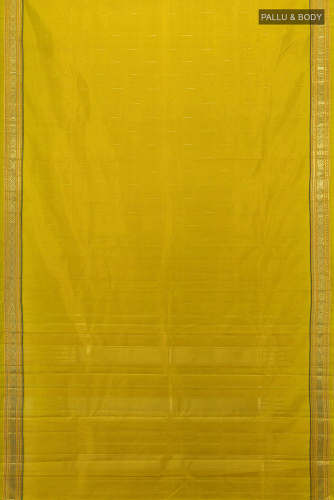 Flat view of Pure Silk Pure Zari Mehandi Green Kanchipuram Saree with Zari Butta on the body and Silk Border. 