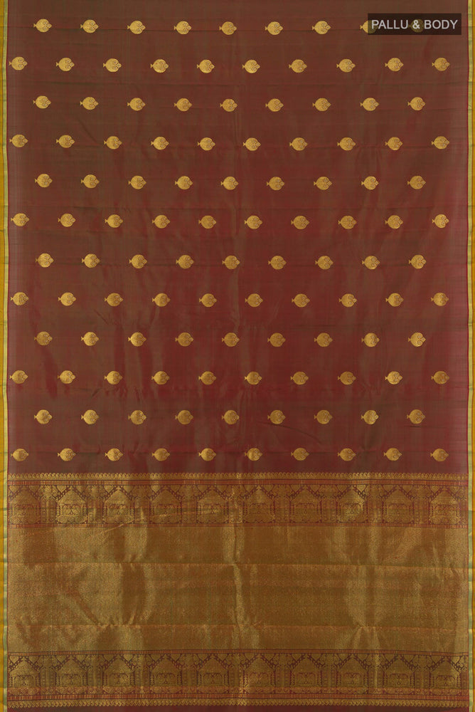Flat view of Mehandi Green Kanjivaram Silk Saree with Zari Butta on the body and Silk Border. 