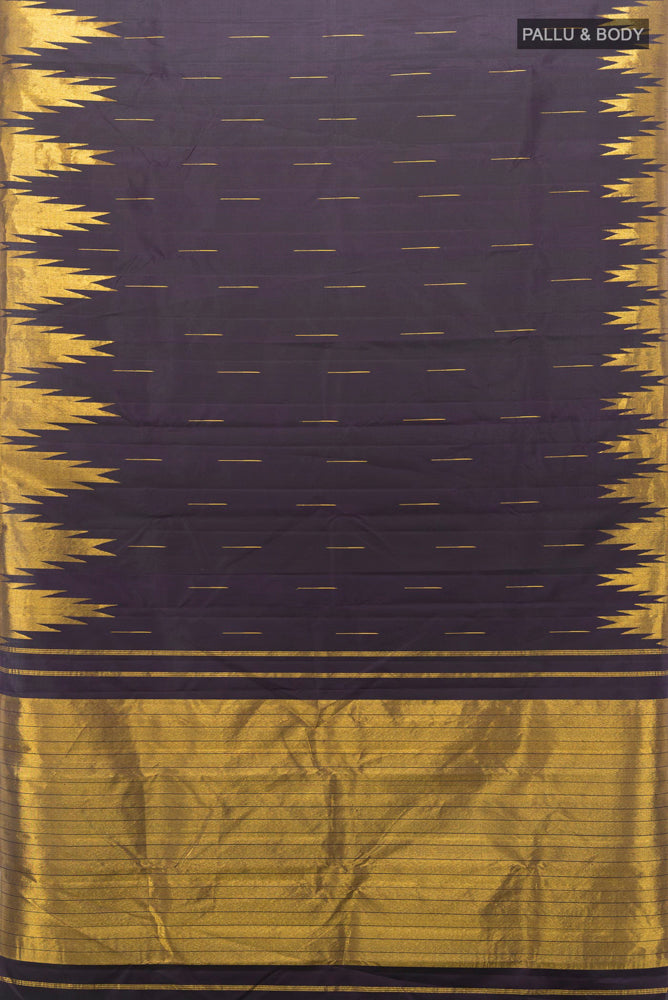 Flat view of Pure Silk Pure Zari Black Kanjivaram Saree with Zari Butta on the body and Silk Border. 