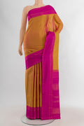 Mustard Kanchipuram Silk Saree with Checked design on the body and Plain Border.  displayed on a mannequin