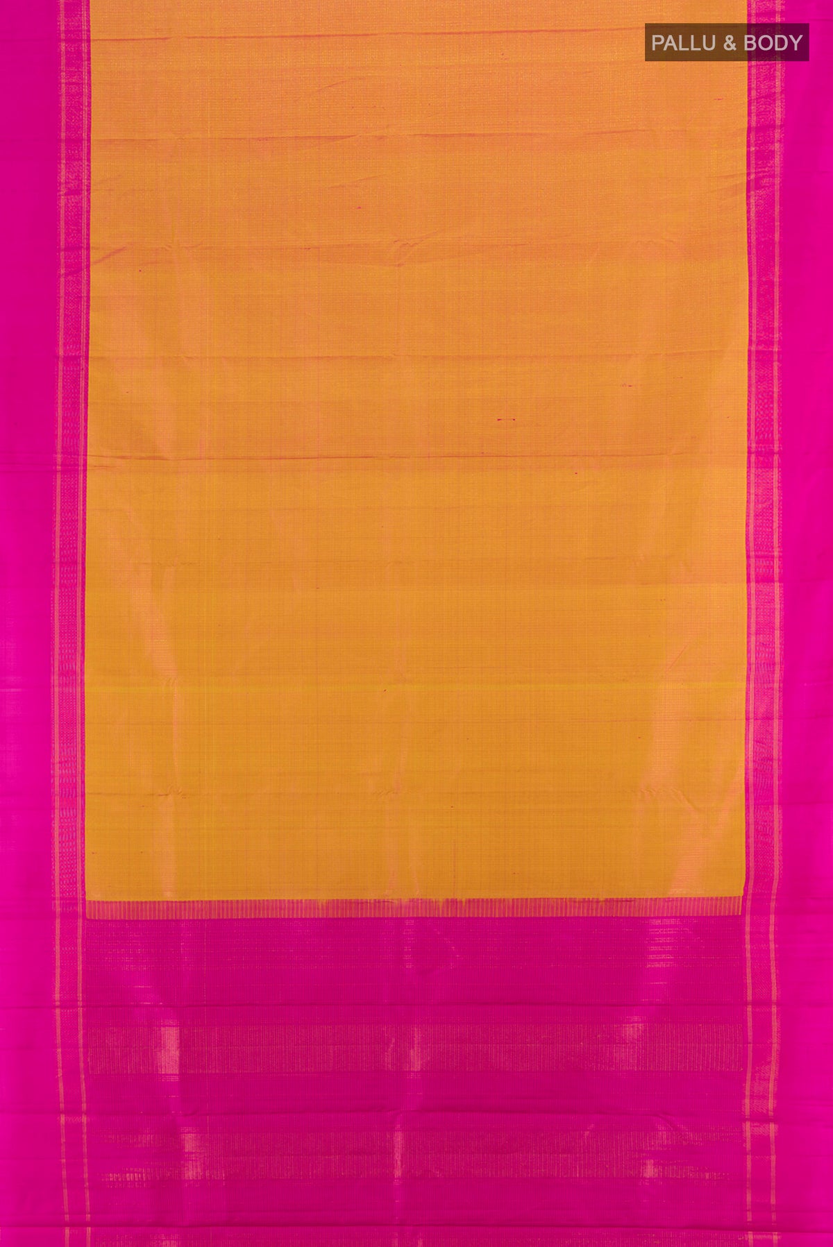 Flat view of Mustard Kanchipuram Silk Saree with Checked design on the body and Plain Border. 
