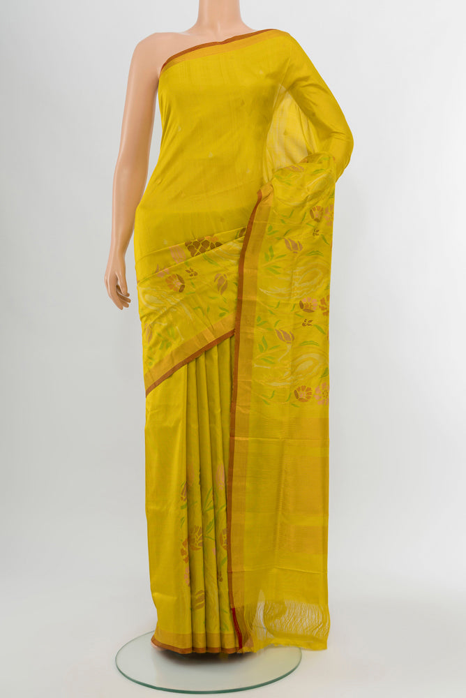 Light Green Uppada Silk Saree with Zari Butta on the body and Silk Border.  displayed on a mannequin