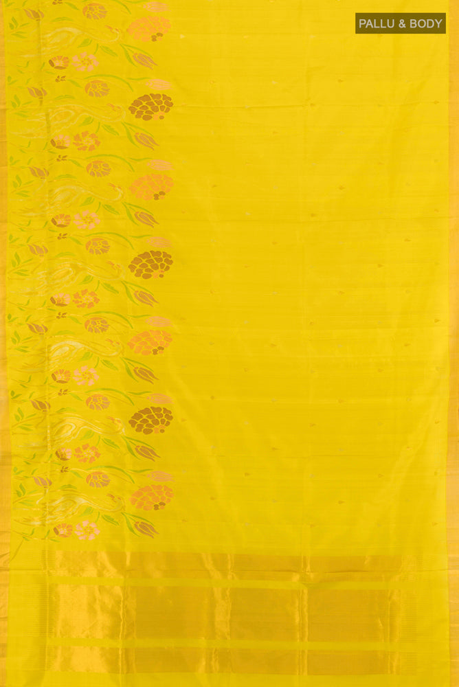 Flat view of Light Green Uppada Silk Saree with Zari Butta on the body and Silk Border. 