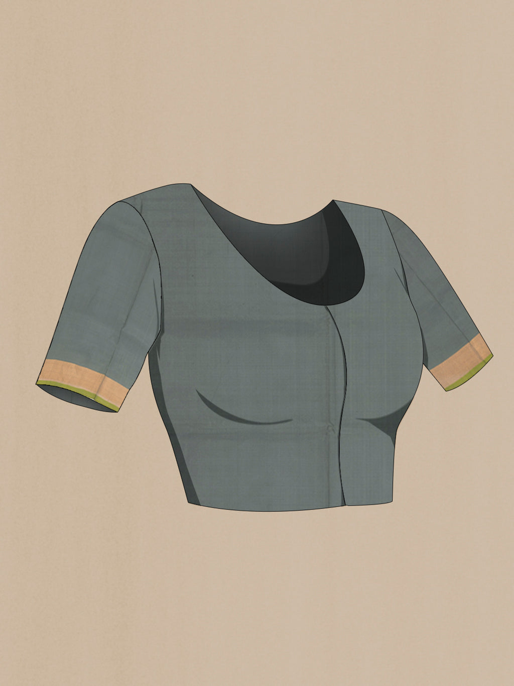 Close up image of the blouse of Grey Uppada Silk Saree with Zari Butta on the body and Zari Border. 