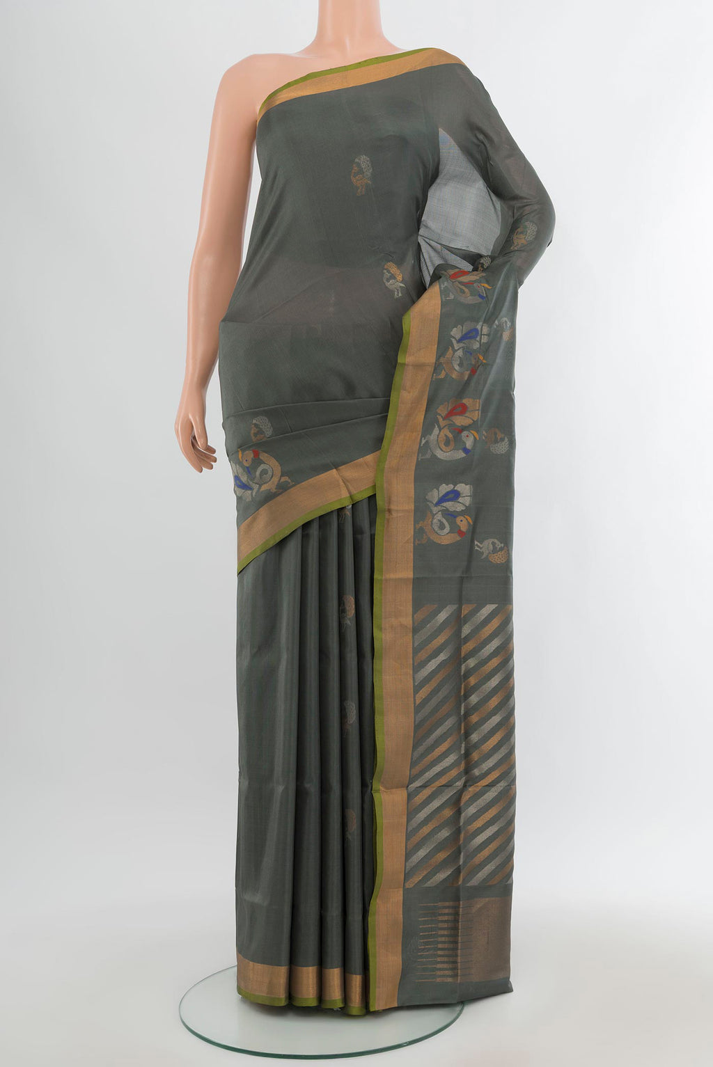 Grey Uppada Silk Saree with Zari Butta on the body and Zari Border.  displayed on a mannequin