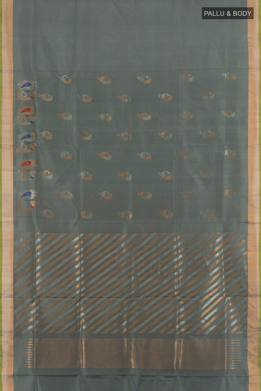 Flat view of Grey Uppada Silk Saree with Zari Butta on the body and Zari Border. 
