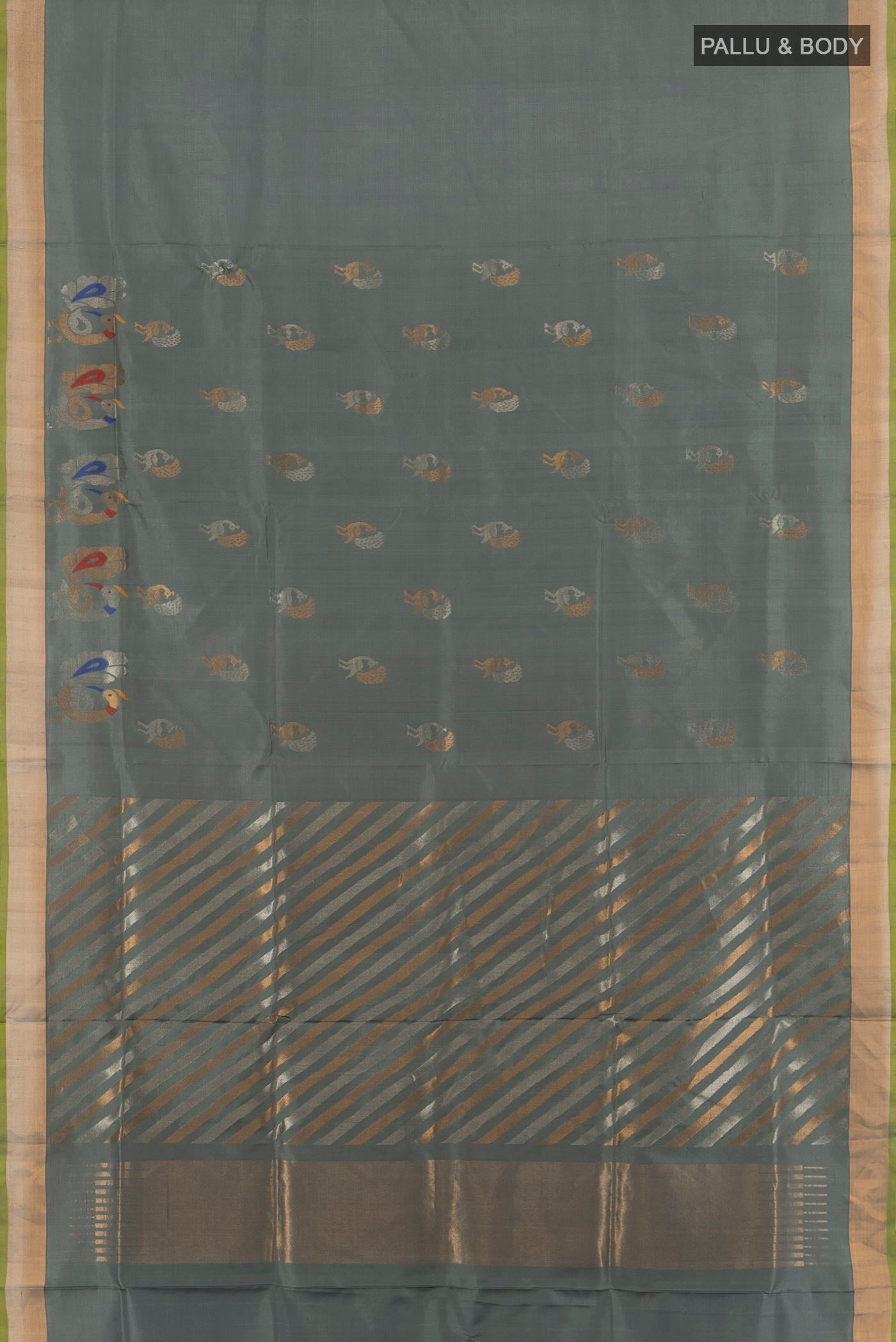 Flat view of Grey Uppada Silk Saree with Zari Butta on the body and Zari Border. 