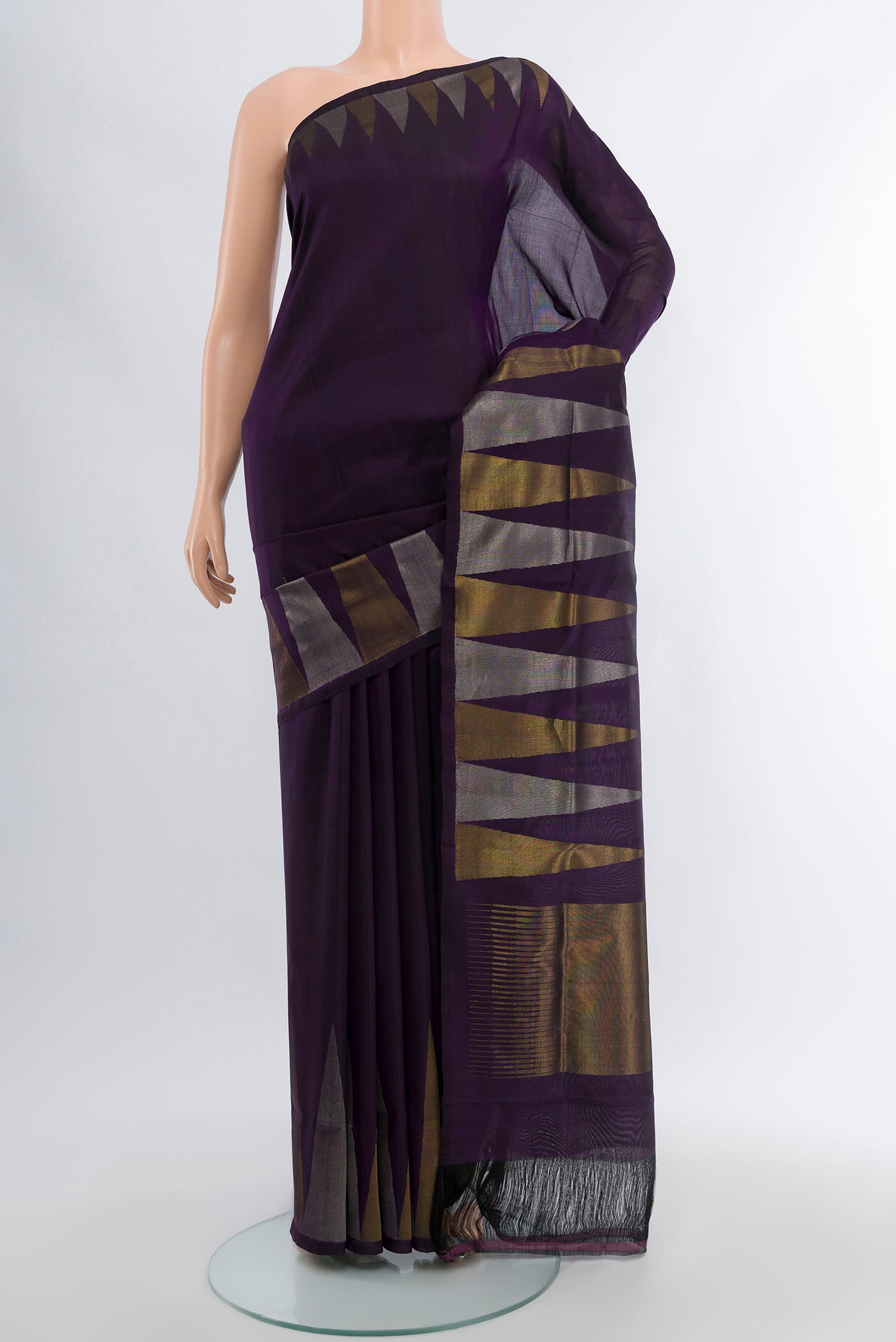 Navy Blue Uppada Silk Saree with Zari Butta on the body and Silk Border.  displayed on a mannequin