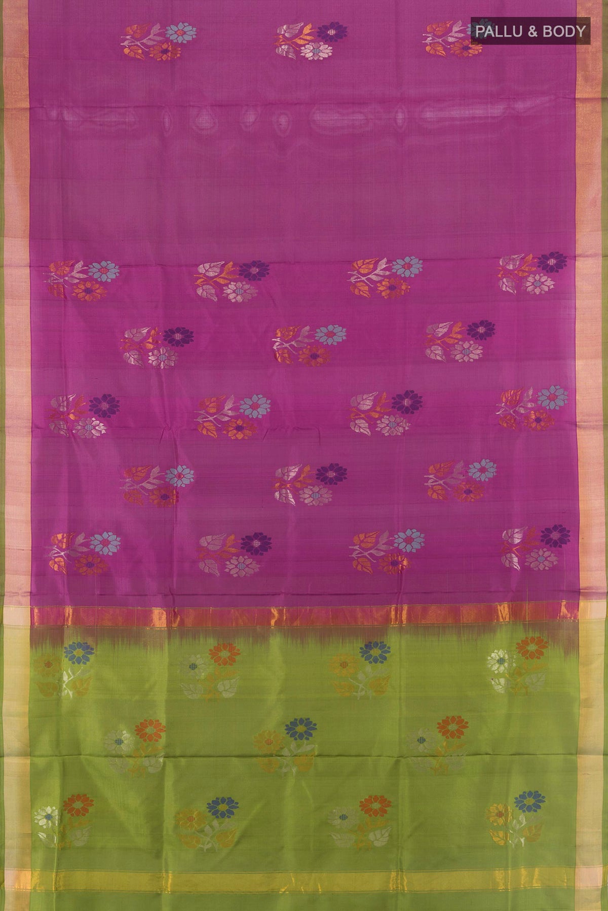 Flat view of Pure Silk Magenta Uppada Saree with Zari Butta on the body and Zari Border. 