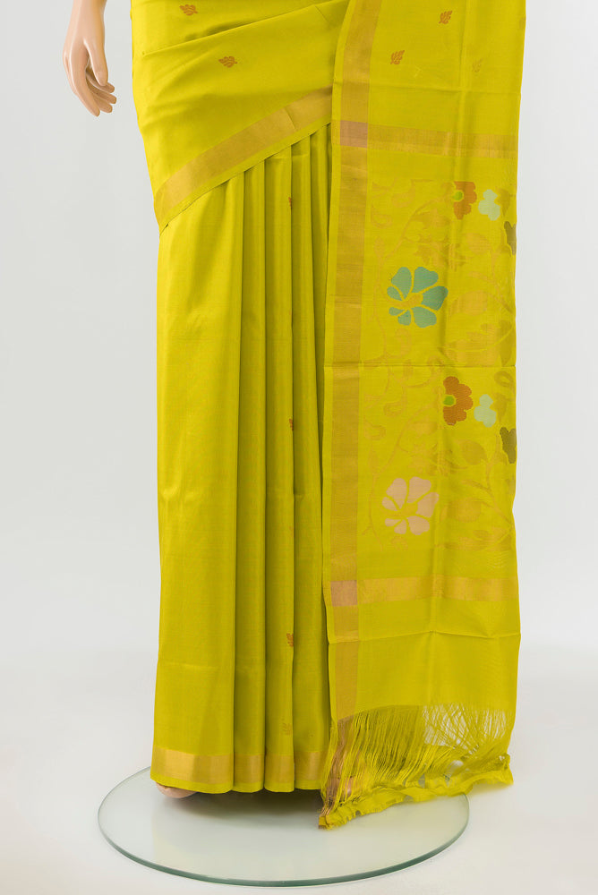 Pleats and pallu of Light Green Uppada Silk Saree with Zari Butta on the body and Silk Border. 