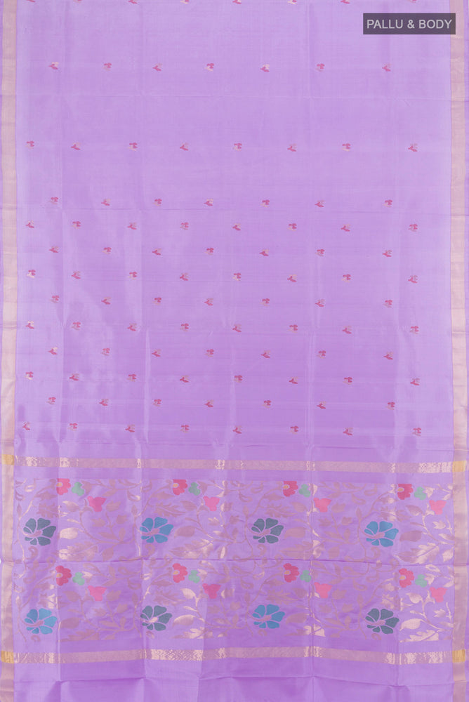 Flat view of Lavender Uppada Silk Saree with Zari Butta on the body and Fancy Border. 