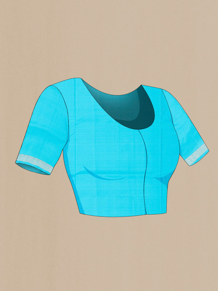 Close up image of the blouse of Light Blue Uppada Silk Saree with Zari Butta on the body and Silk Border. 