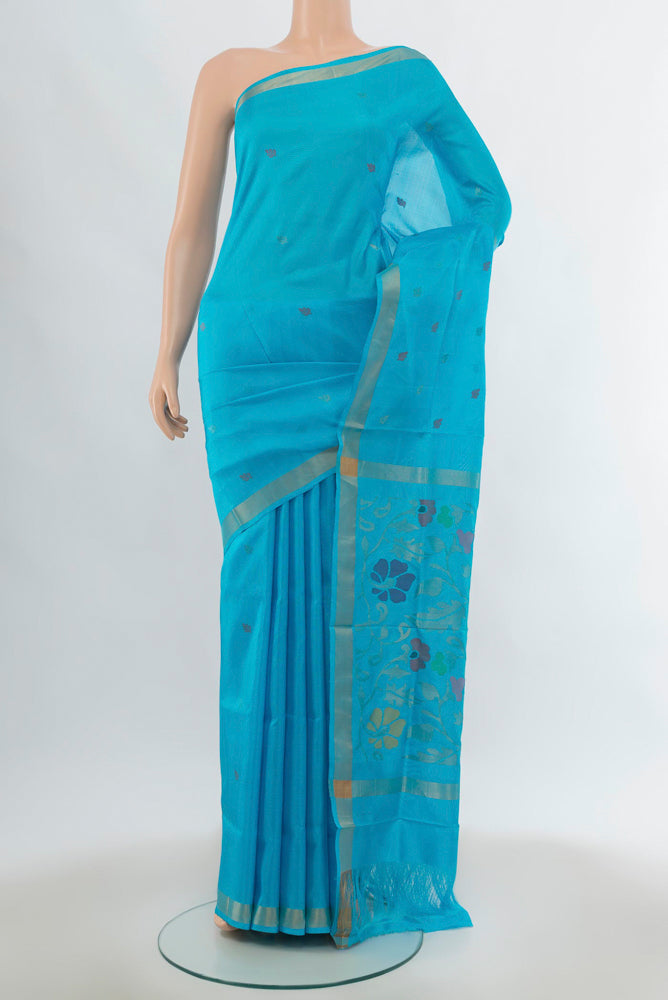 Light Blue Uppada Silk Saree with Zari Butta on the body and Silk Border.  displayed on a mannequin